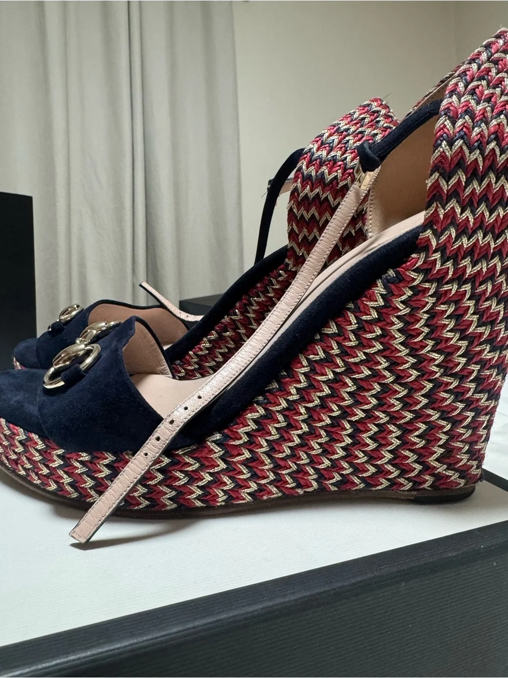 Gucci Navy Suede Horsebit Wedges with Multicolor Woven Sides